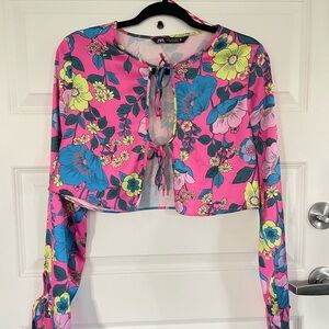 Zara Pink and Blue Floral Blouse